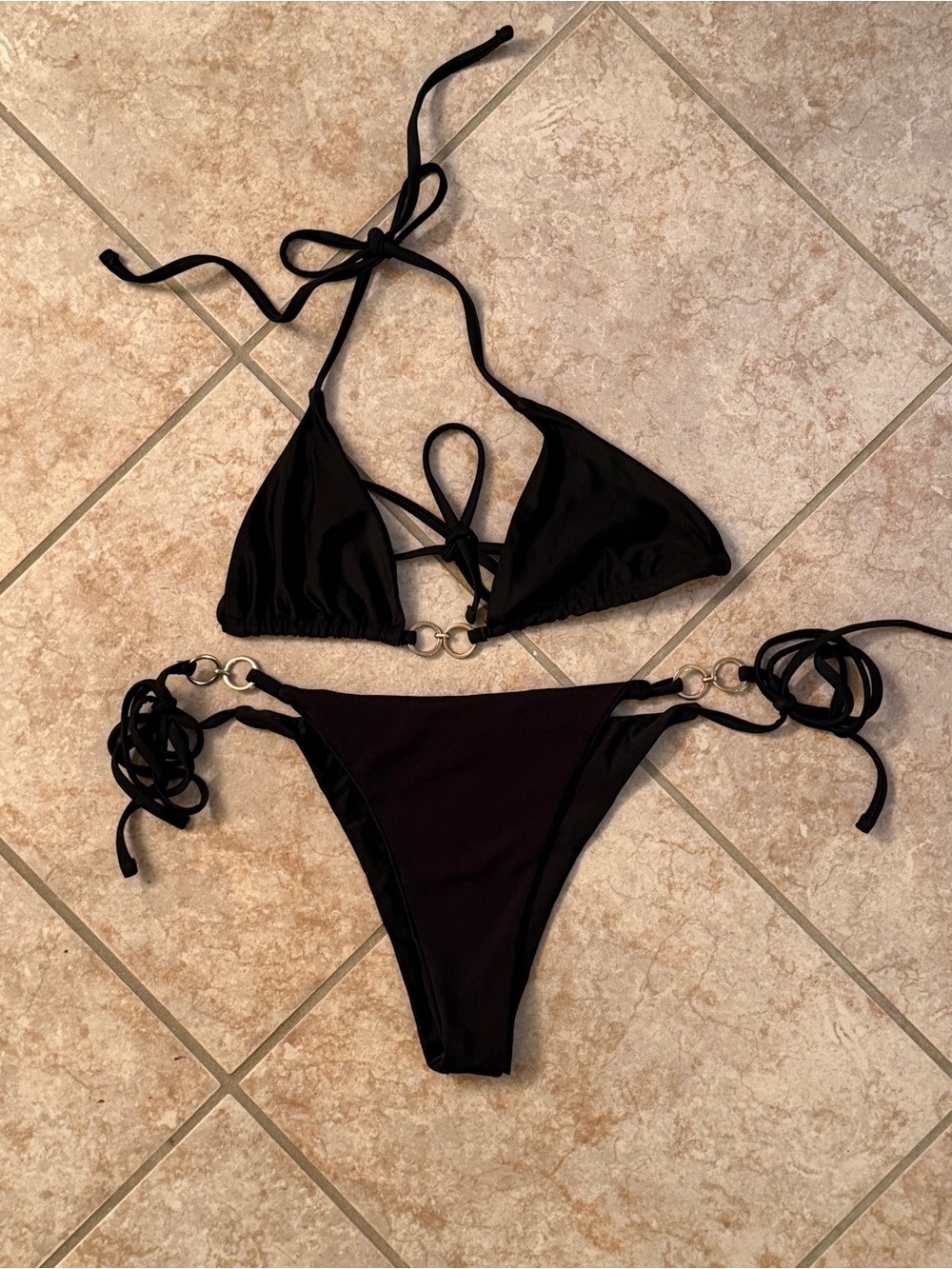 Black String Bikini Set with Adjustable Rings - Women Swim